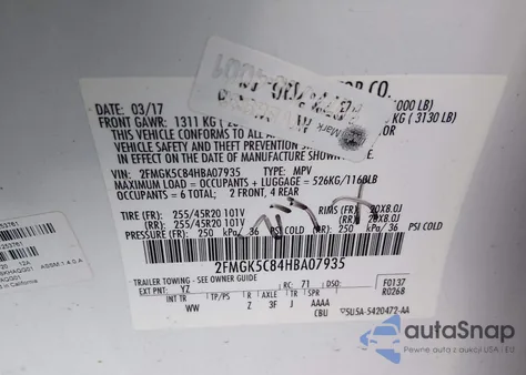 2017 Ford Flex Sel z USA, uszkodzony, nr VIN 2FMGK5C84HBA07935